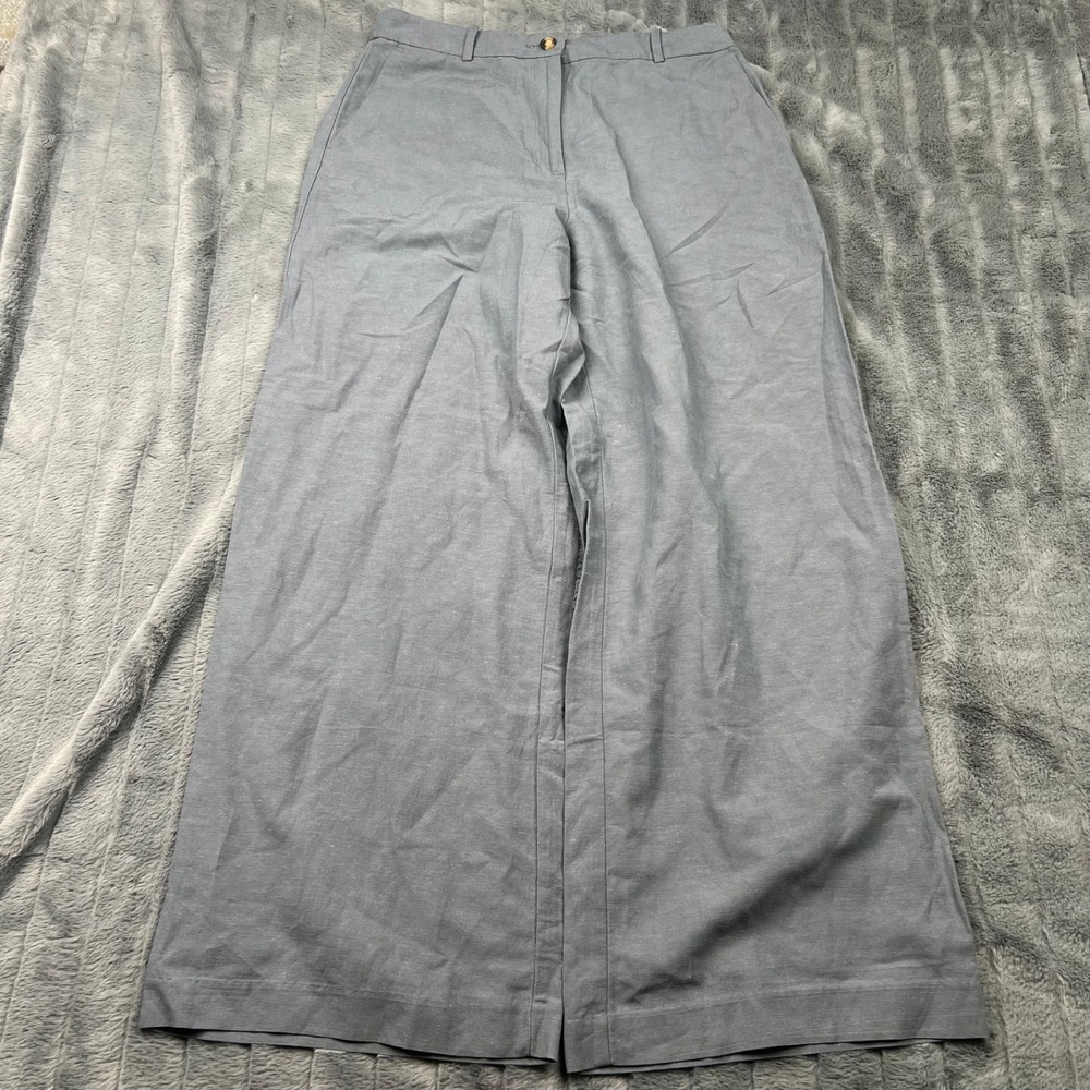 HM Linen Blend Wide Leg Pants Steel Blue High Waist Size 8 12593411